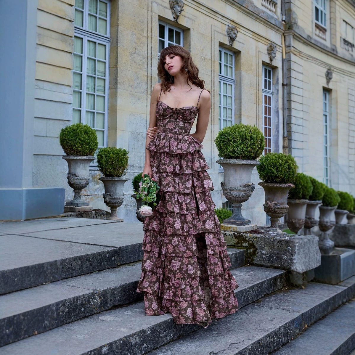 Early Spring Floral Strap Fishbone Corset Party Dress