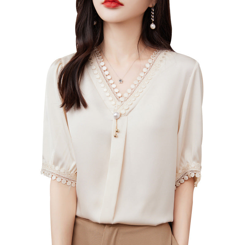 Haut pull en mousseline de soie à col en V avec perles pour femme