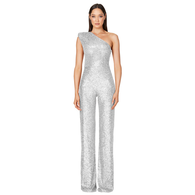 Sleeveless One-Shoulder High Waist Sequined Jumpsuit