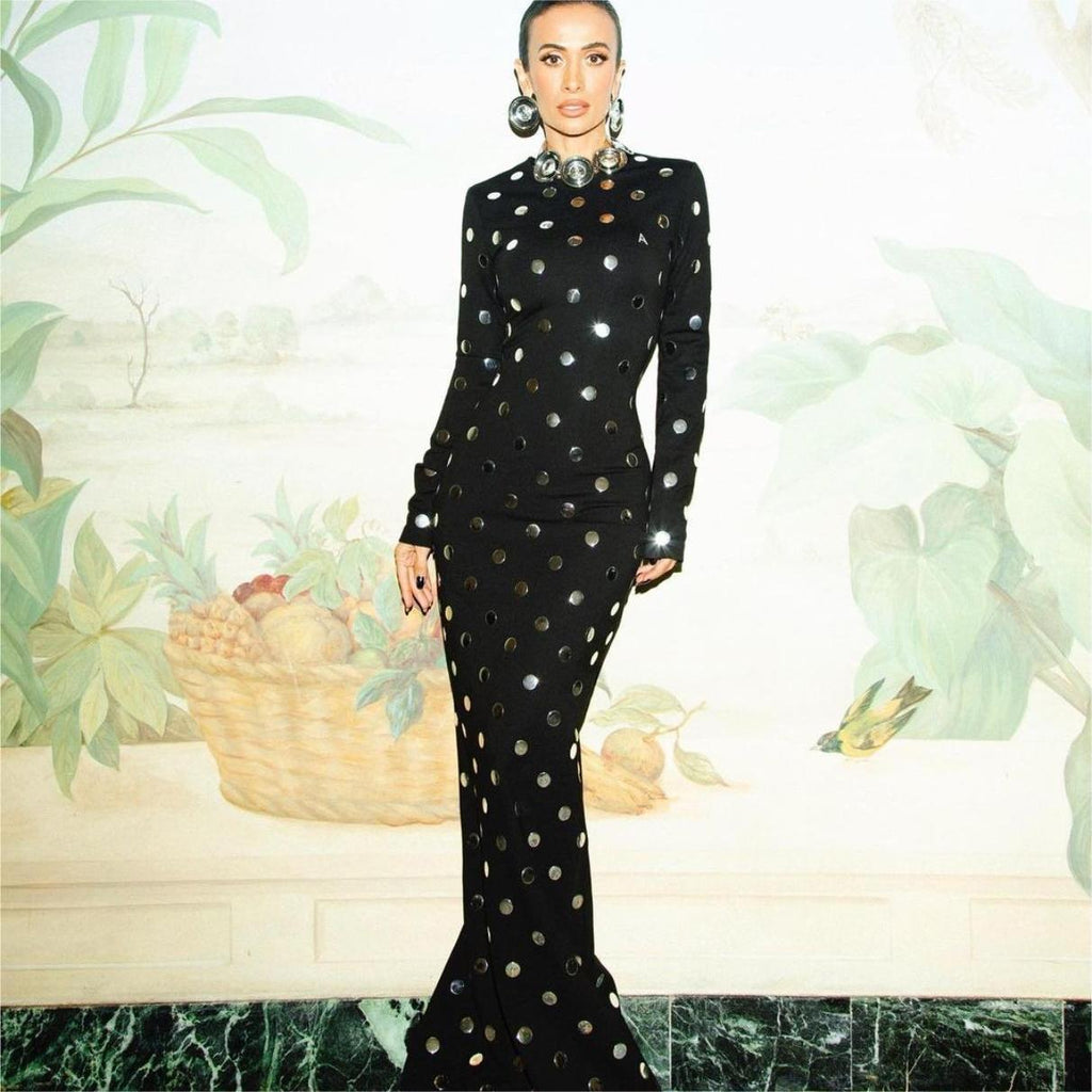 Robe longue à manches longues en coton et lin noir avec rivets pour femme