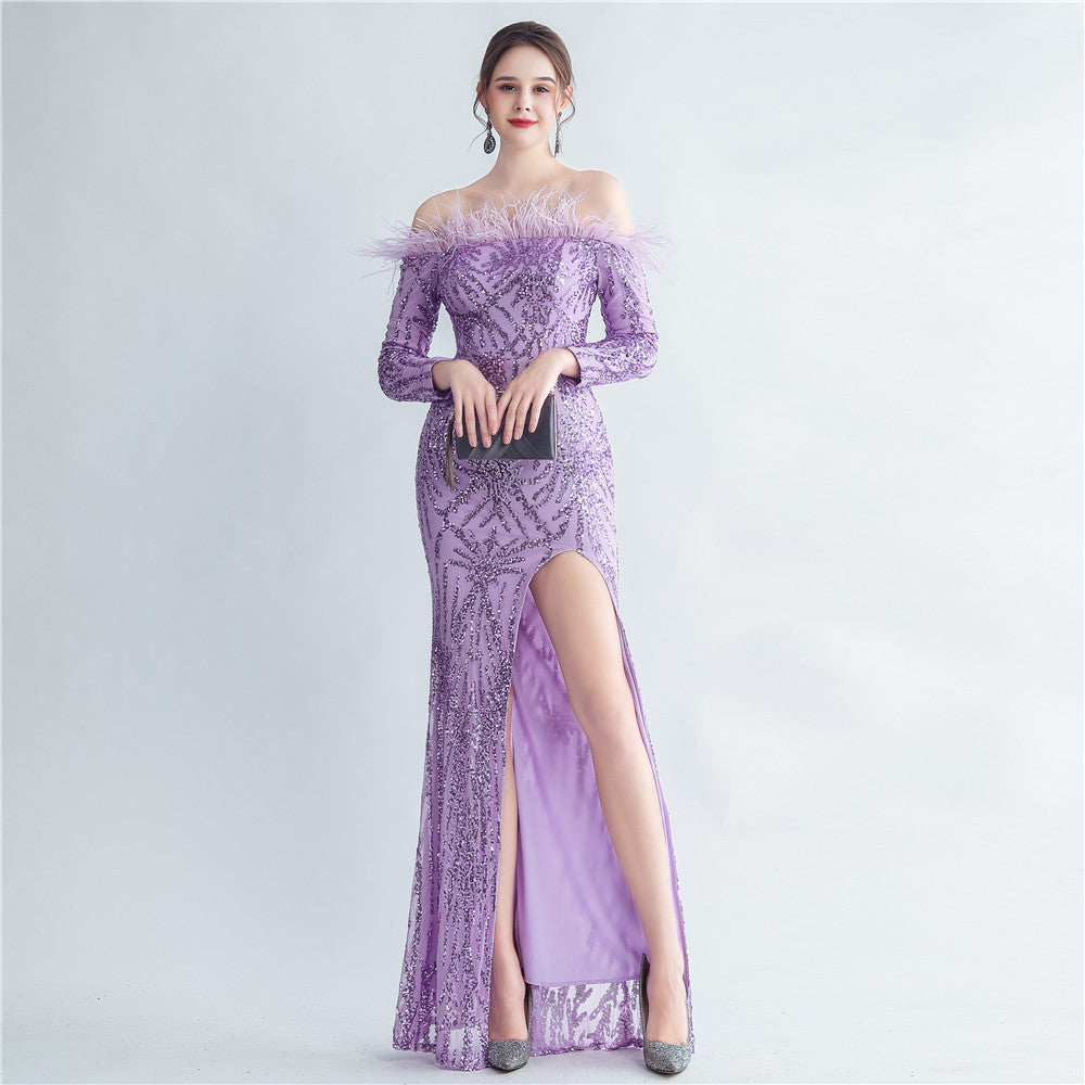 High-Density Ostrich Feather Sequin Off-Shoulder Long Sleeve Fishtail Evening Dress