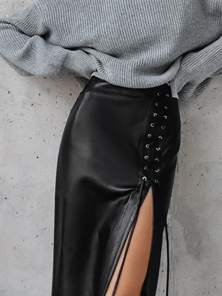 Punk Black Lace-Up PU Leather Mid-Length Skirt for Women