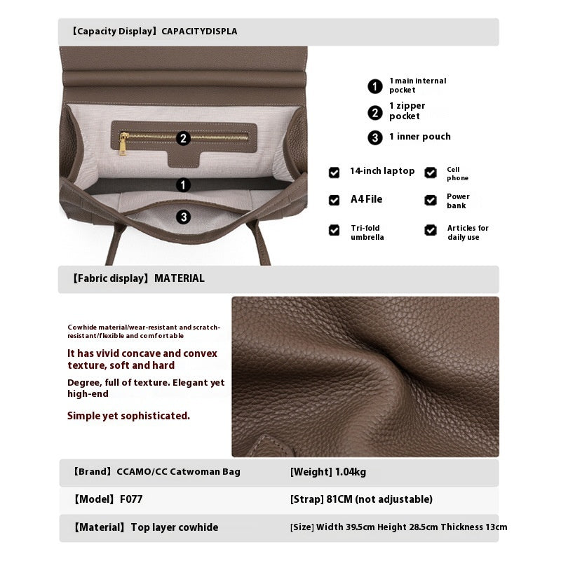 Women's Genuine Leather Large Capacity Solid Color Tote Bag