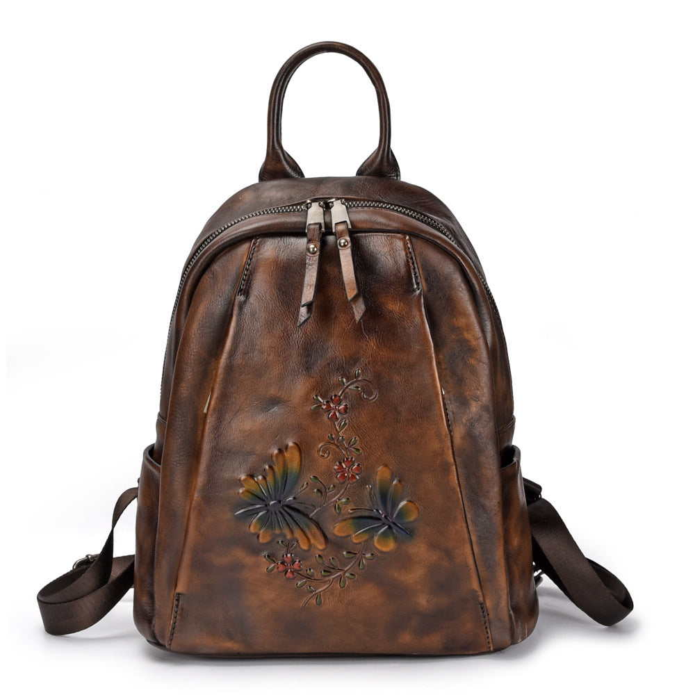 Women's Retro Leather Backpack Medium 20-35L Zipper Closure