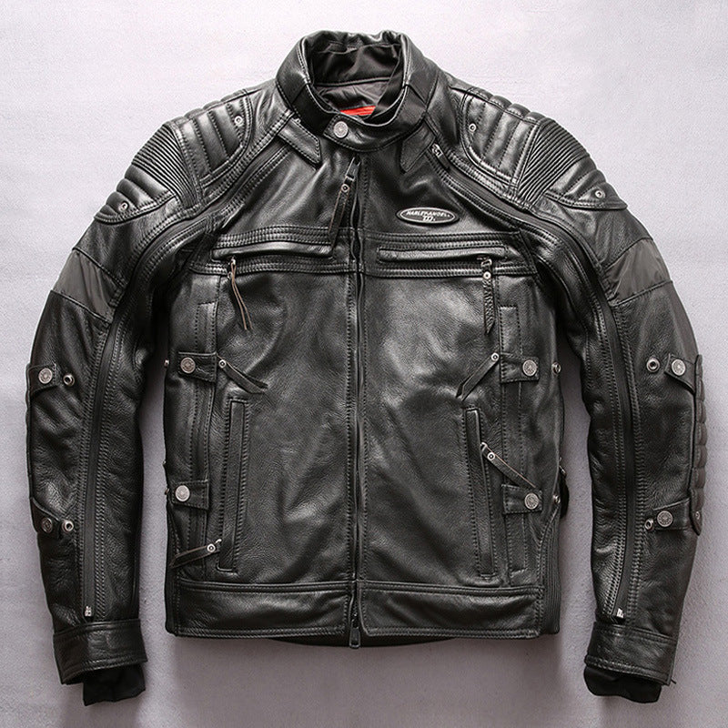 Blouson de moto slim fit en cuir de vachette véritable à col montant pour homme, couleur noire