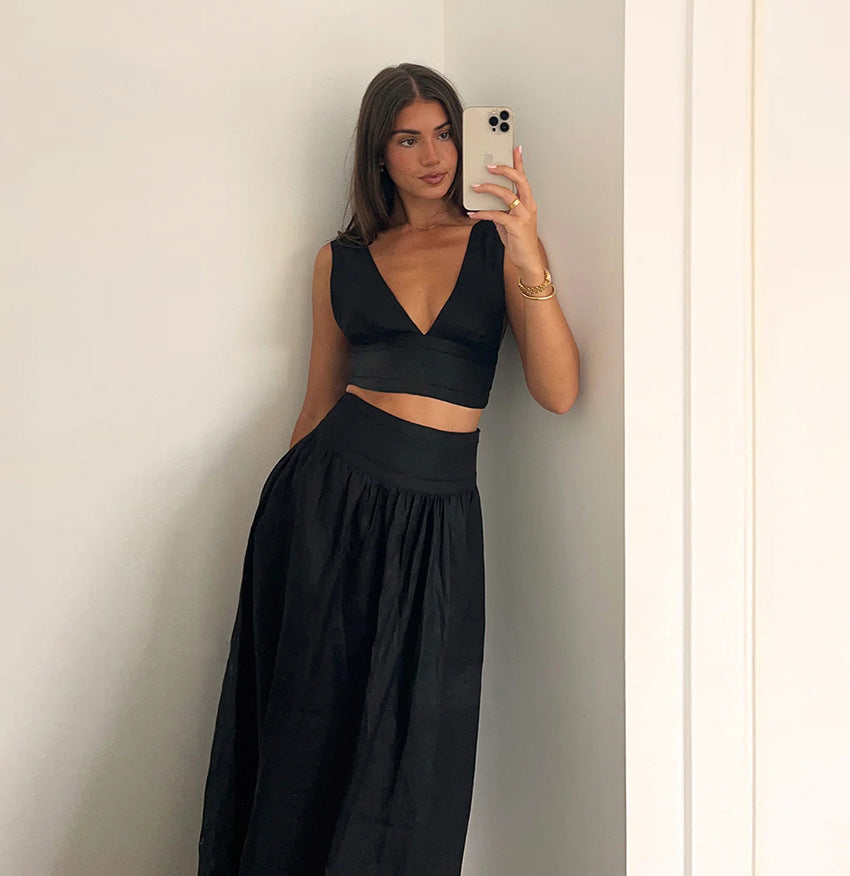 Black Cotton Linen Vest High Waist A-Line Dress Two-Piece Set for Women