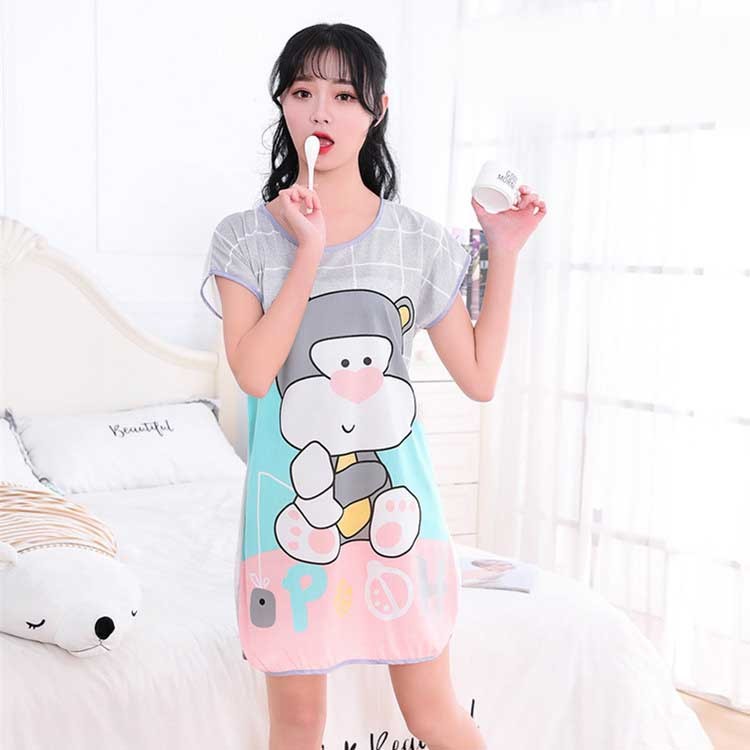 Women's Cartoon Milk Silk Short Sleeve Nightdress One-Piece