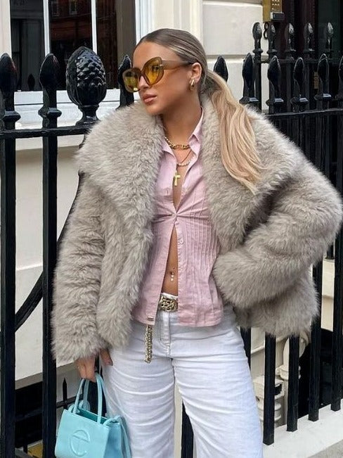 Manteau Hiver en Peluche Épais et Doux à Revers, Veste Longue Décontractée à Manches Longues pour Femmes