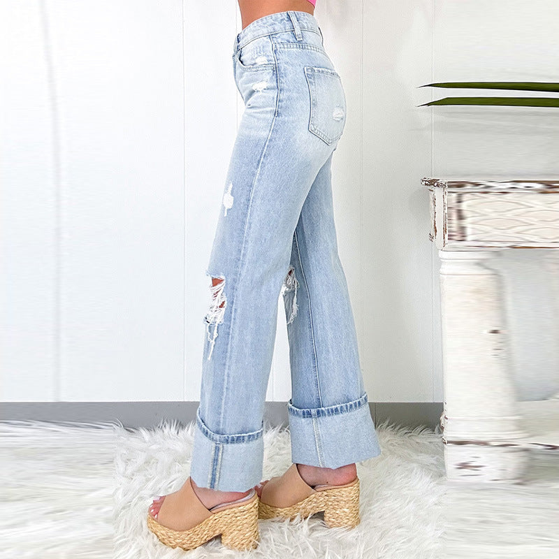 Pantalon pattes d'éléphant bleu clair taille haute coupe ajustée
