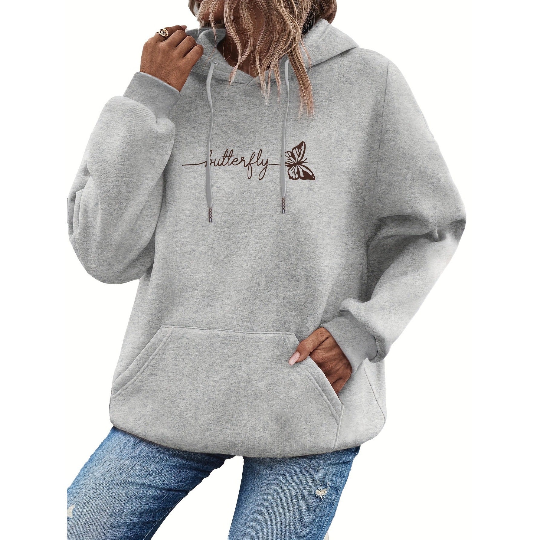 Womens Casual Pullover Hoodie with Drawstring and Butterfly Print