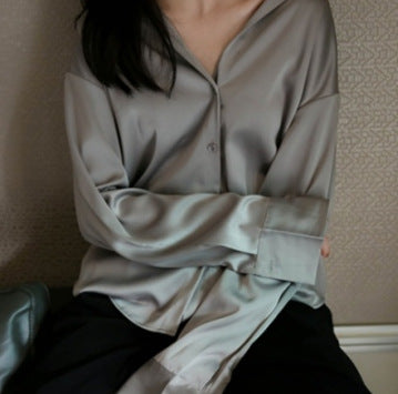 Women's Long-Sleeve Satin Shirt in Pearly White, Green, Apricot & Black