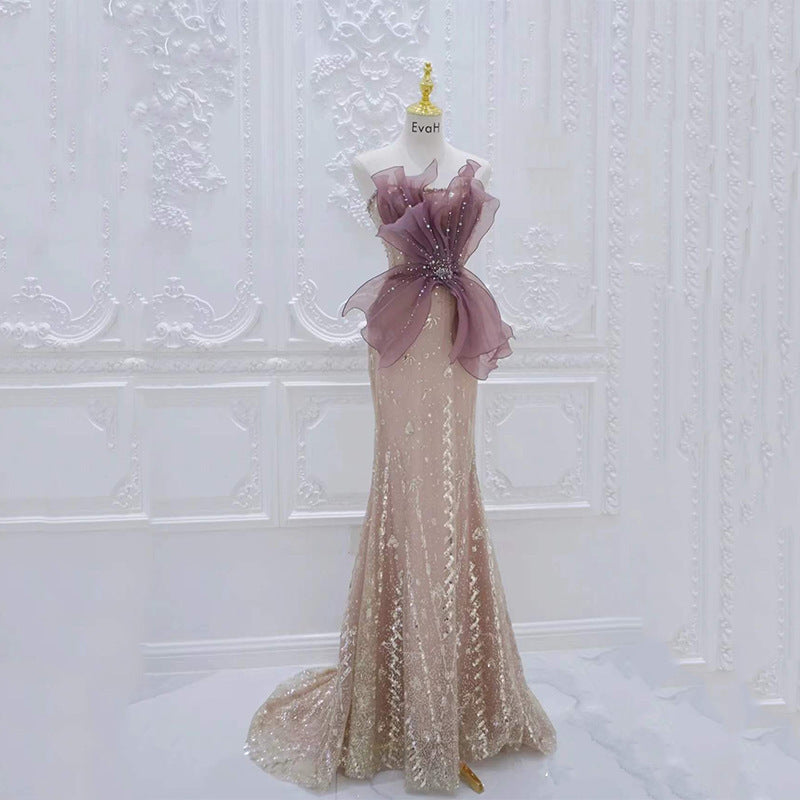 Robe de soirée champagne pour femme avec perles et sequins