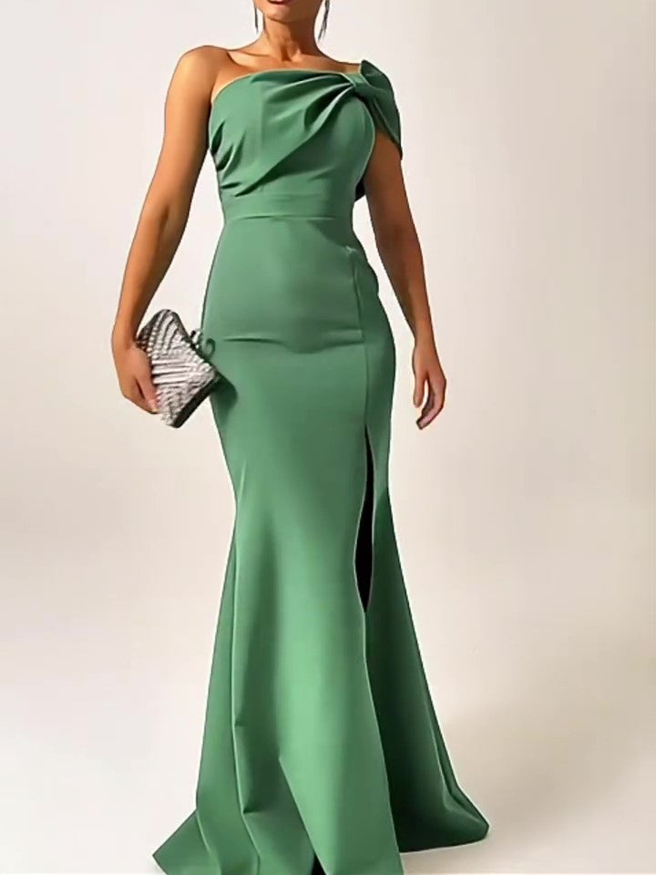 Green Bow Tube Top Maxi Evening Dress Polyester Slim Fit