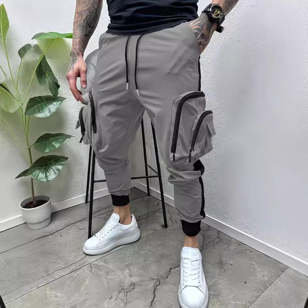 Casual Multi-Pocket Colorblock Tapered Zipper Overalls