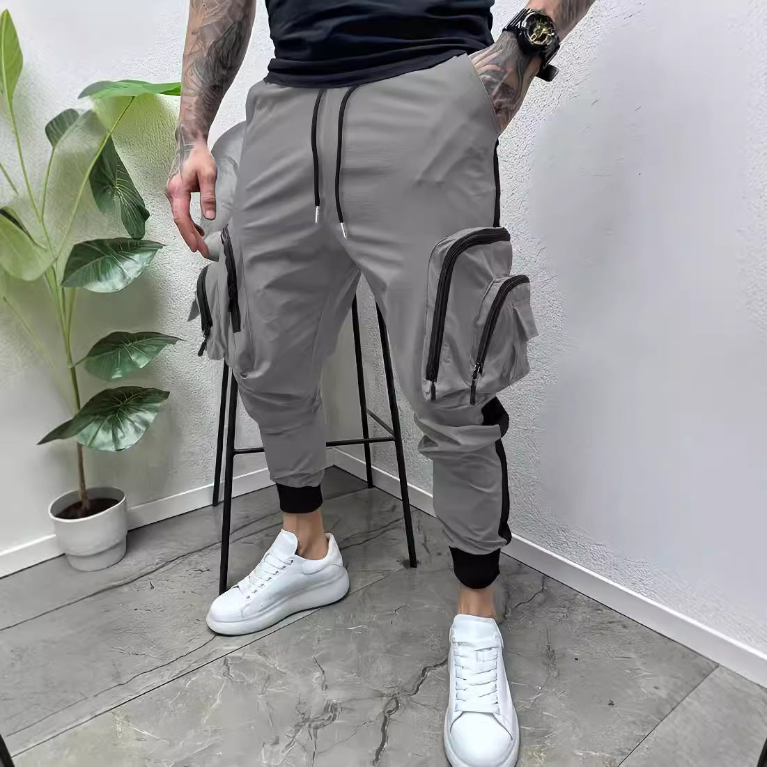 Casual Multi-Pocket Colorblock Tapered Zipper Overalls