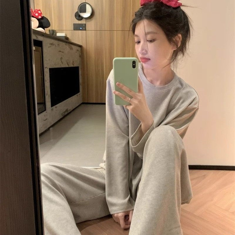 Striped Gray Brown Polyester Pajamas for Women, Long Sleeve, Sizes M-XXL