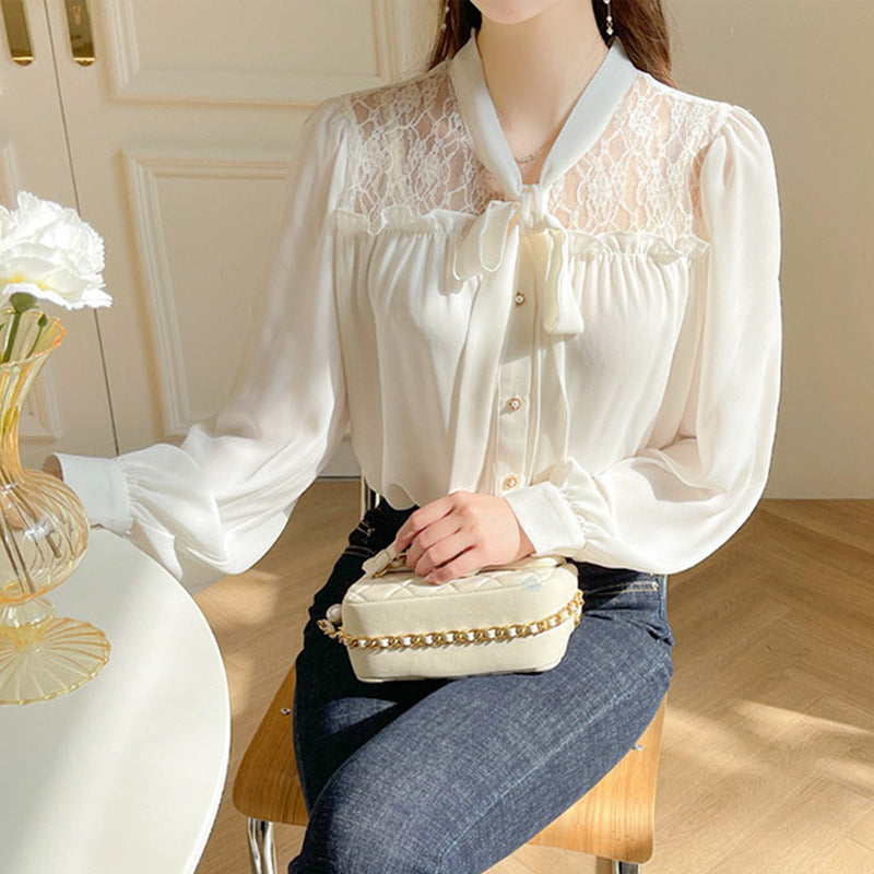 Chemisier en mousseline de soie à manches longues et patchwork de dentelle élégant pour femme