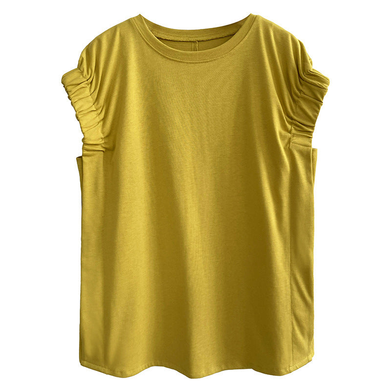 T-shirt plissé ample en coton à manches courtes pour femme