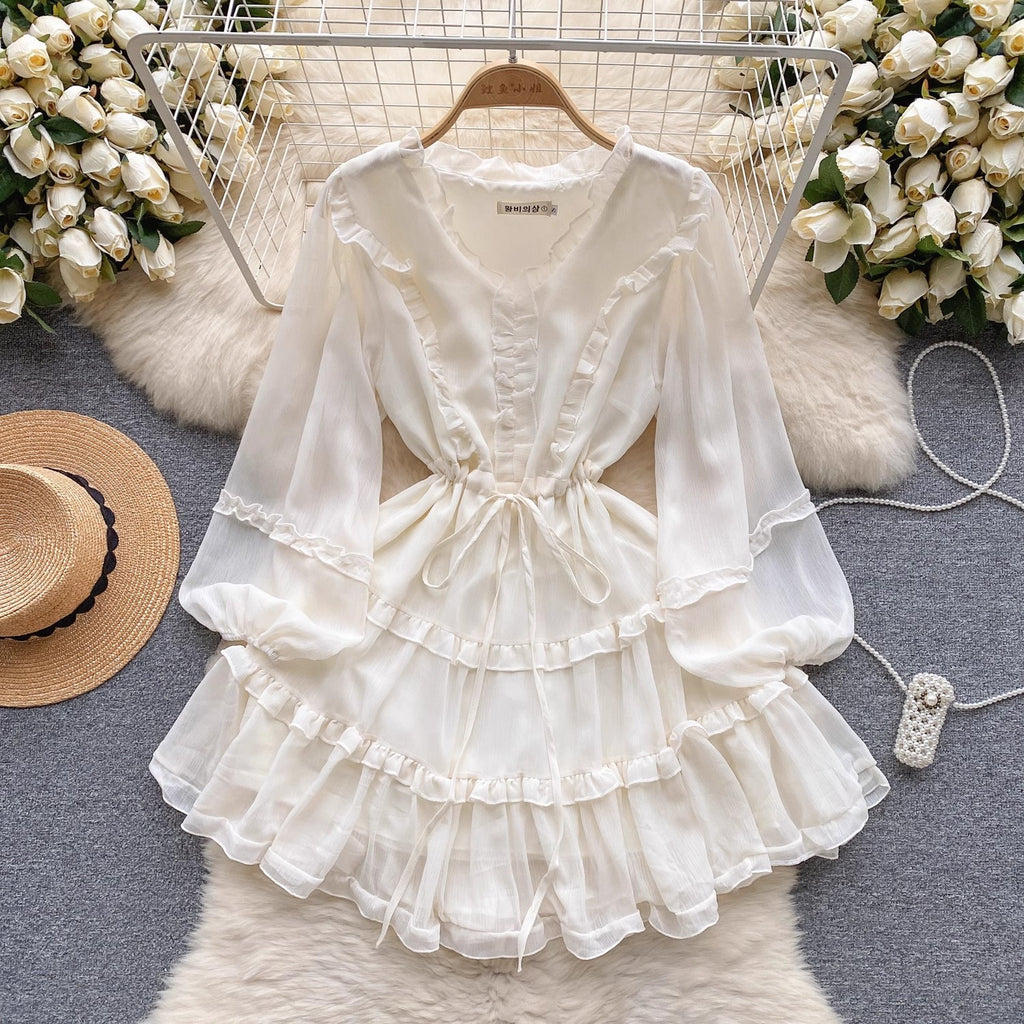 V-Neck Lace-Up High Waist Slimming Puff Sleeve Dress in Apricot