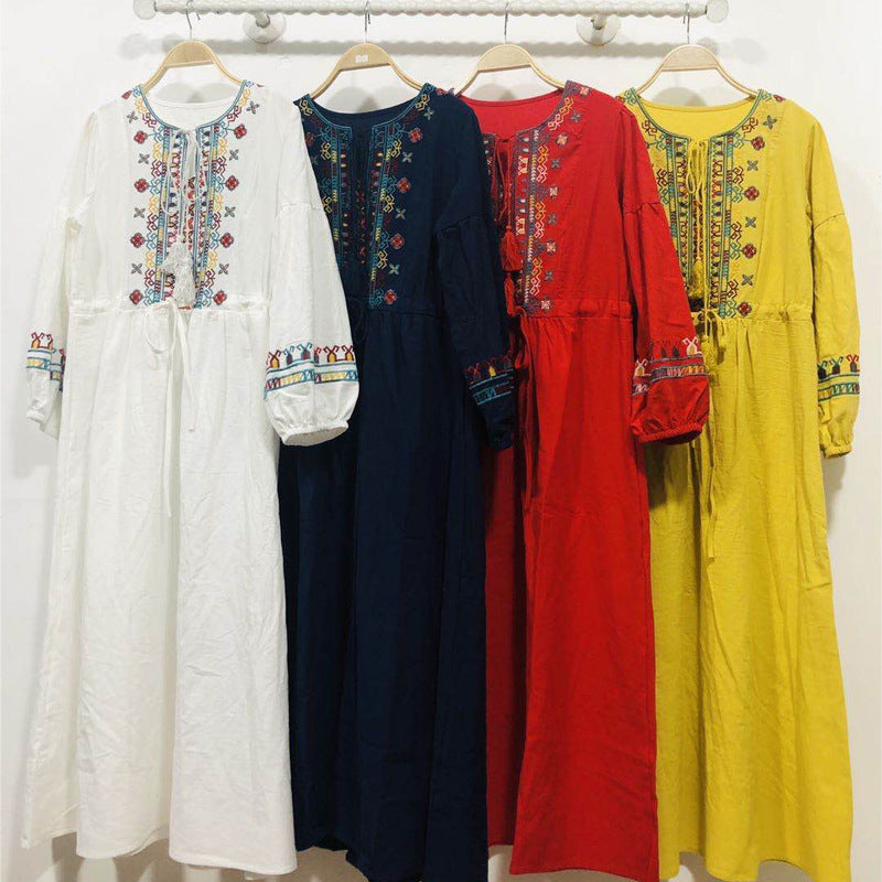 Cotton Hemp Embroidered National Style Long Dress
