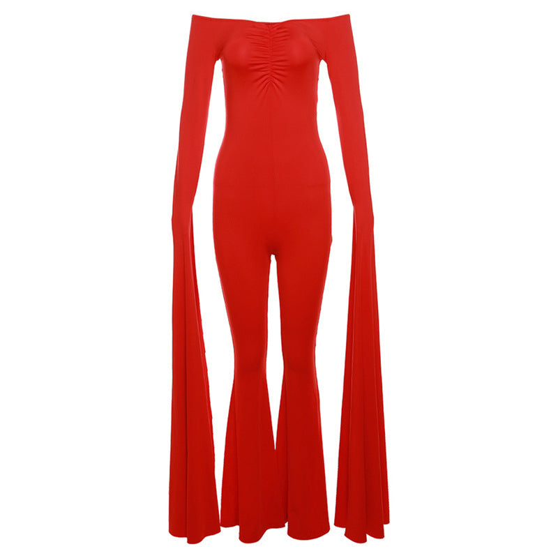 Combinaison rouge pour femme, manches longues épaules dénudées, taille haute