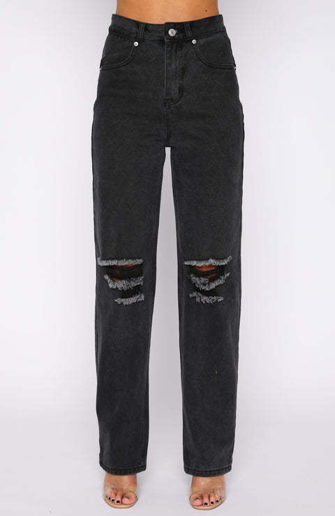 Solid Straight High Waist Denim Trousers
