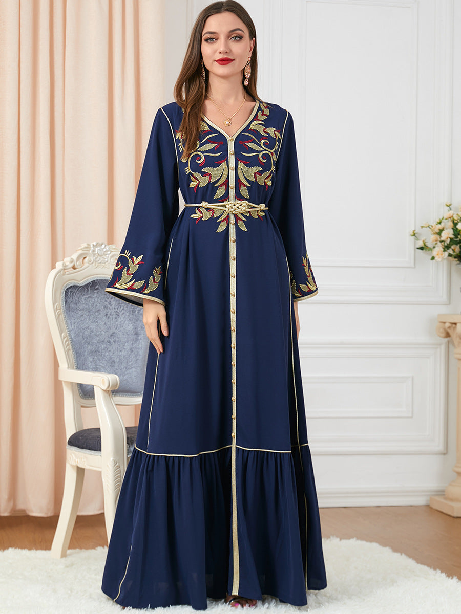 Robe arabe brodée pour femme, col rond, manches longues