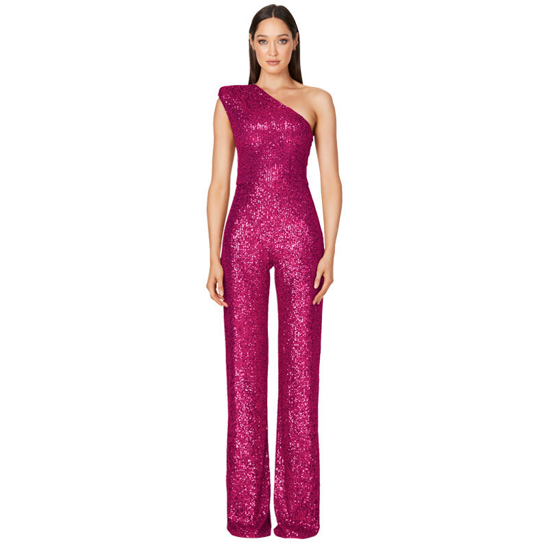 Sleeveless One-shoulder Fashion High Waist Design Sequined Jumpsuit