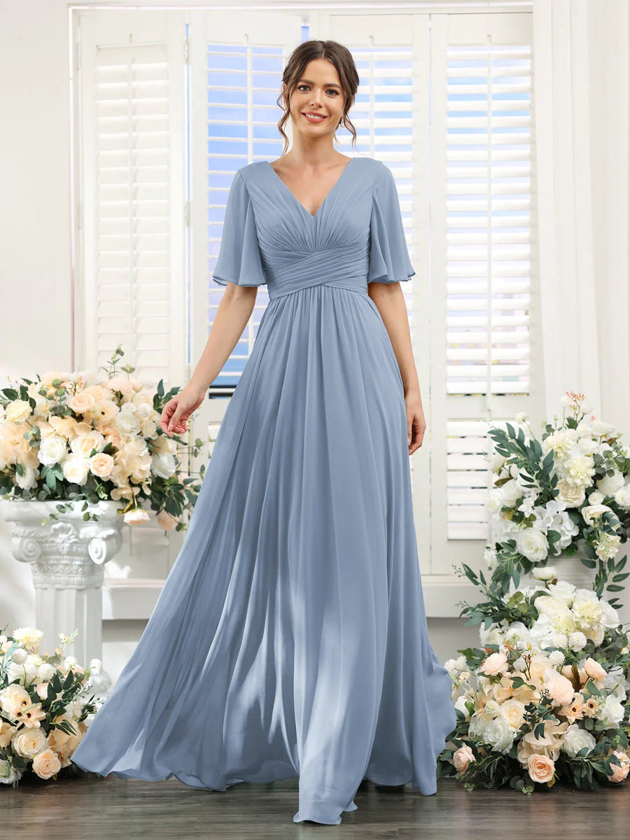 Robe de soirée longue en mousseline de soie à col en V et manches papillon