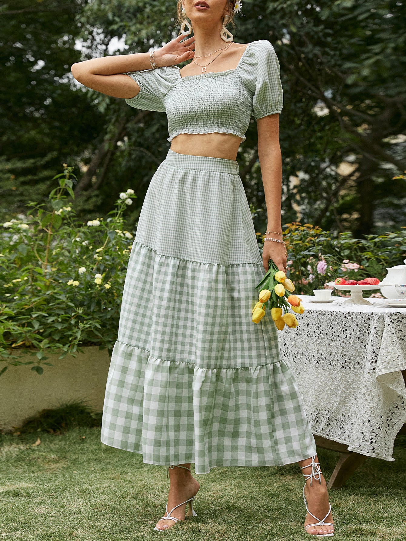 Fashion Casual Commuter Skirt Suit Midi Striped Light Green Polyester