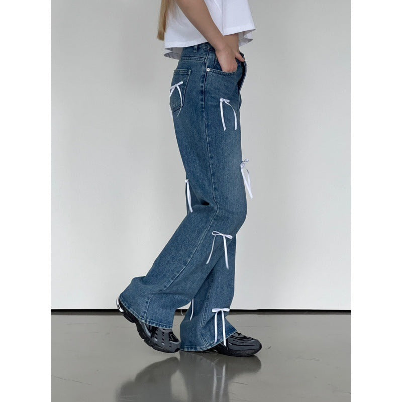 Pantalon de survêtement en jean ample et droit rétro taille haute pour femme