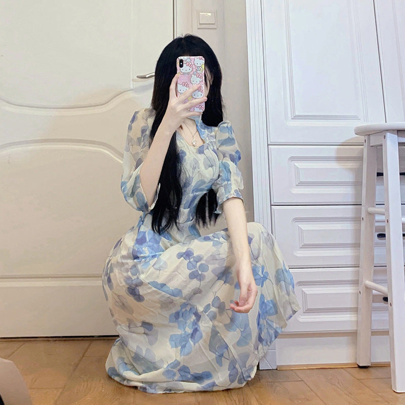 Women's Blue Floral Chiffon Dress with Round Neck, Sizes S-XL