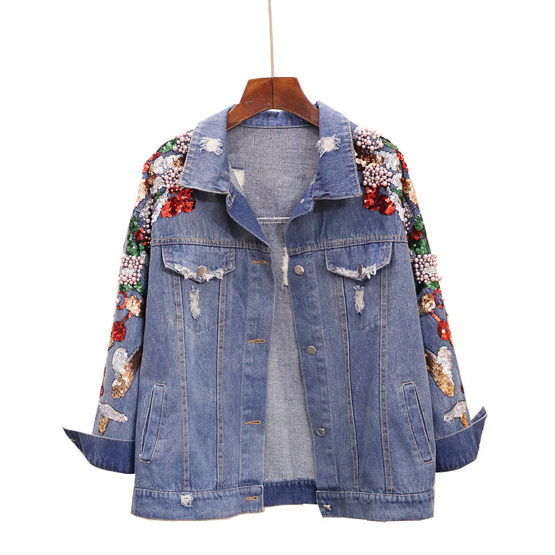 Loose Slimming Denim Jacket Women Embroidered Beaded Sequins Heavy Industry Blue