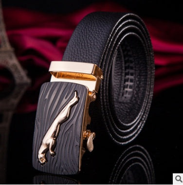Men's Leather Automatic Buckle Belt 3.55CM Wide with Gold Buckle Head