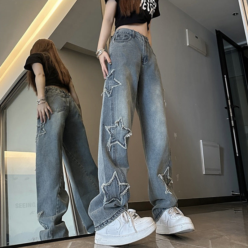 Blue Embroidered High-Waist Loose Straight-Leg Jeans for Women