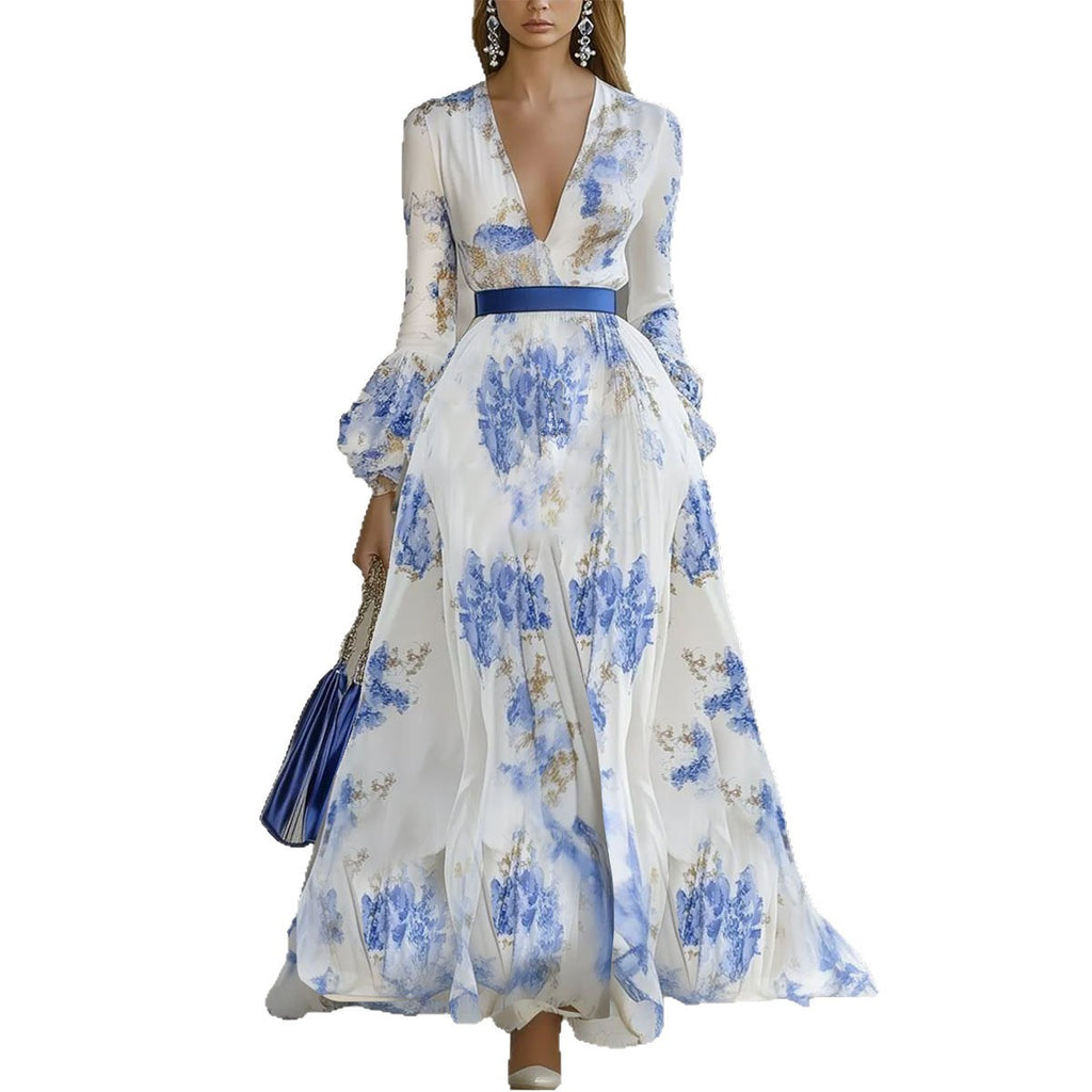 Elegant Printed High Waist Long Sleeve Mid-Length Dress for Women