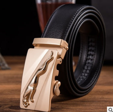 Men's Leather Automatic Buckle Belt 3.55CM Wide with Gold Buckle Head