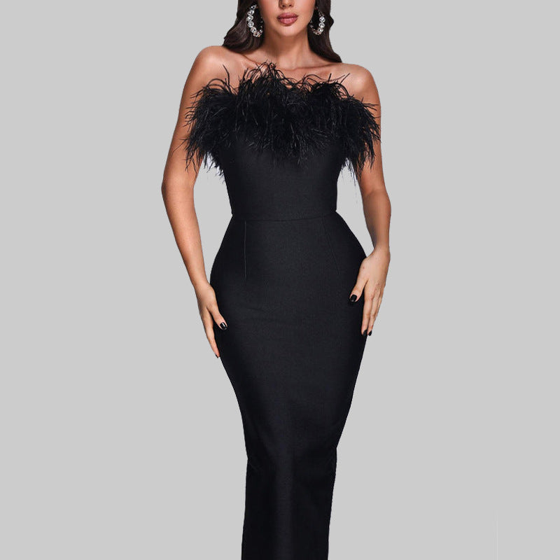 Robe bustier en fourrure d'autruche pour femme en noir, blanc, rouge rosé et rouge, tailles S-XL