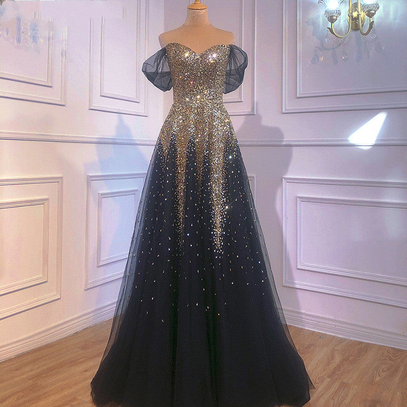 Black Gold Strapless One-Shoulder Evening Wedding Dress for Bride