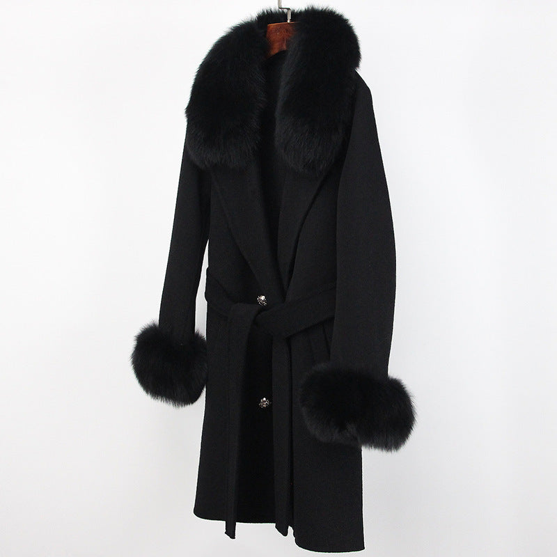 Double-Faced Wool Overcoat Long Slim Fit with Fox Fur Collar