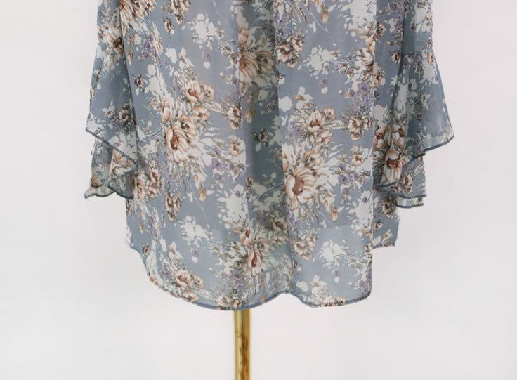 Women's One-Shoulder Western Style Chiffon Top Slim Fit V-Neck Blue Beige S-XL