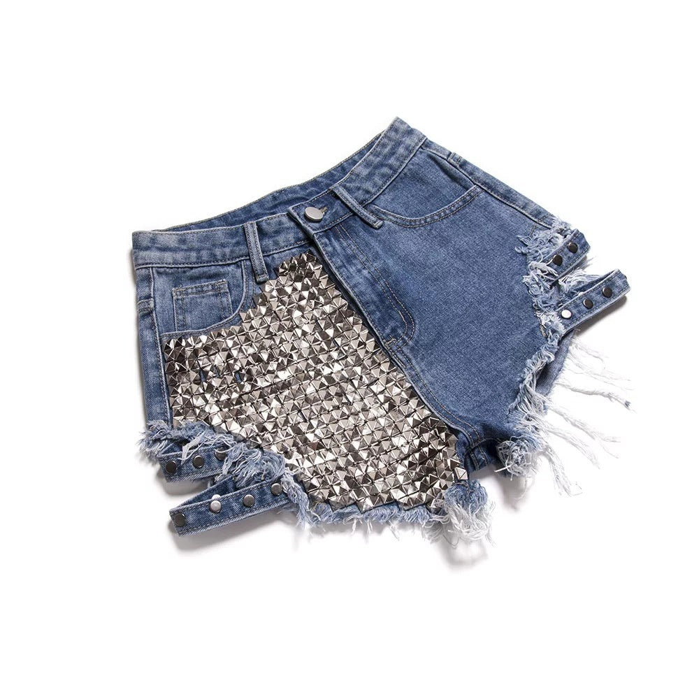Studded denim shorts with loose high waist