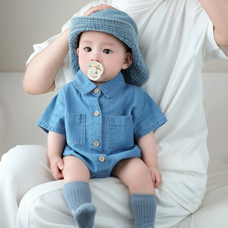 Baby Denim Thin Lapel Short Sleeve Jumpsuit
