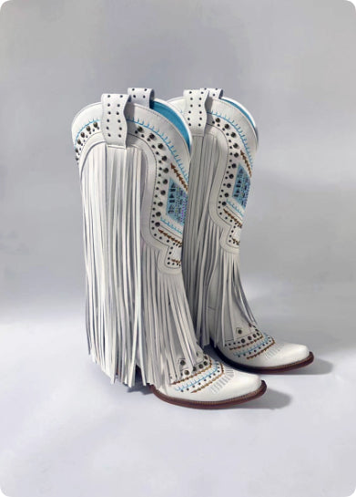 Retro Embroidered Rhinestone Tassel Slip-On Boots for Women