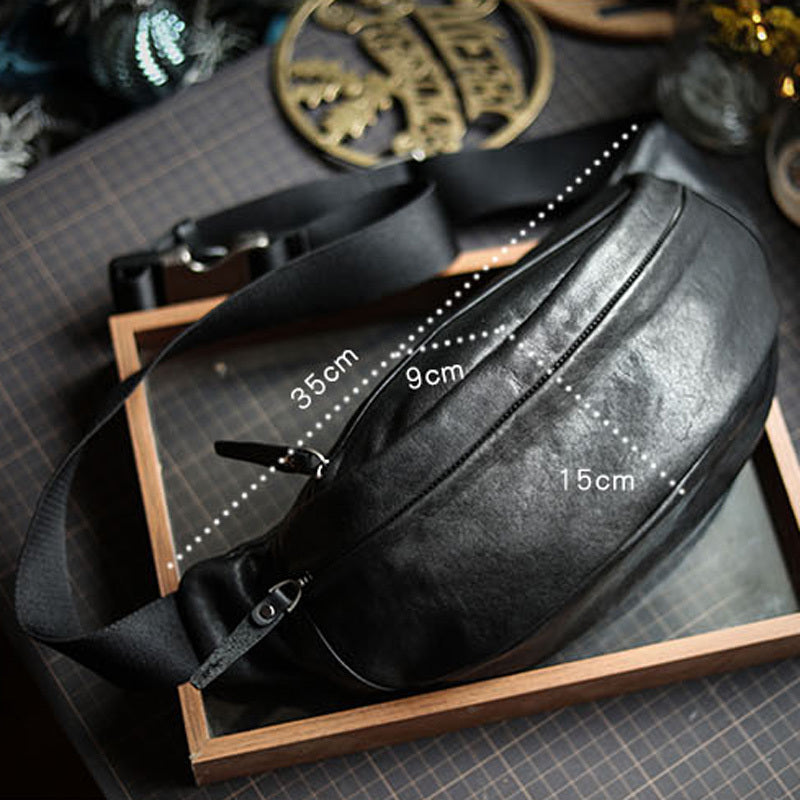 Sac de Poitrine Portable en Cuir de Vachette Noir pour Homme