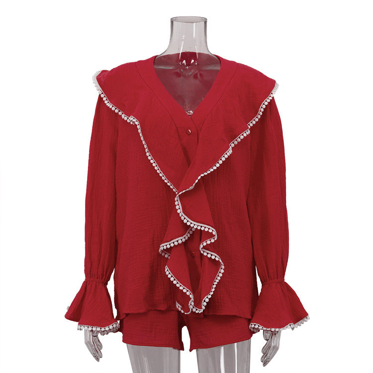 Red Lace V-Neck Bell Sleeve Top & Shorts Two-Piece Set