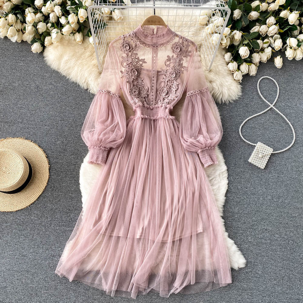 Mesh Stand Collar Lantern Sleeve High Waist Slimming Suspenders Dress