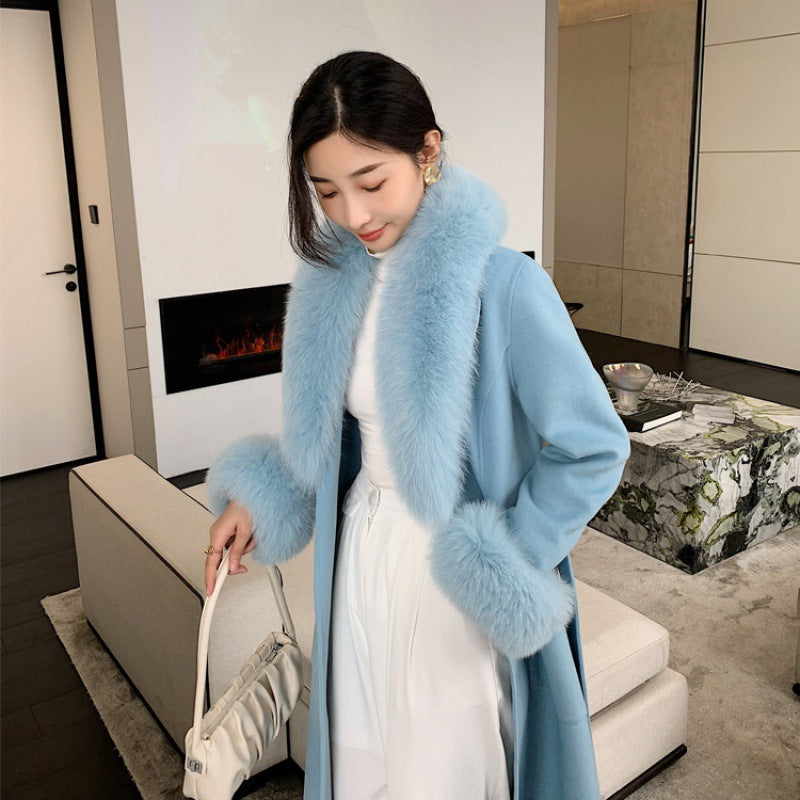 Women's Long Lace-Up Coat with Fur Collar