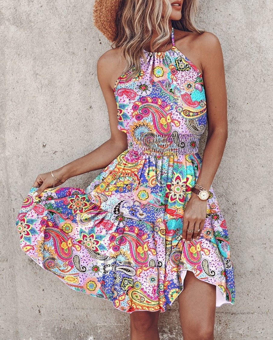 Summer European & American Printed Halter Women's Dress