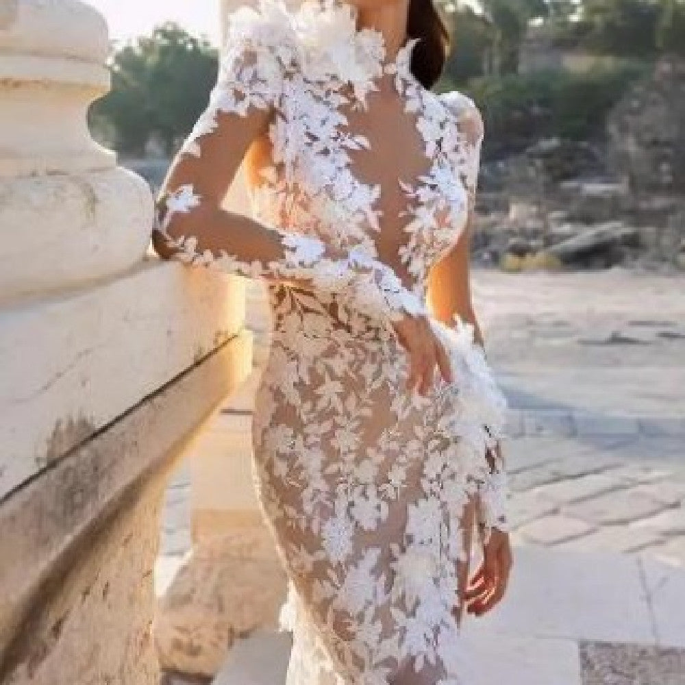 European & American Slim-Fit High Waist Dress in White & Ivory